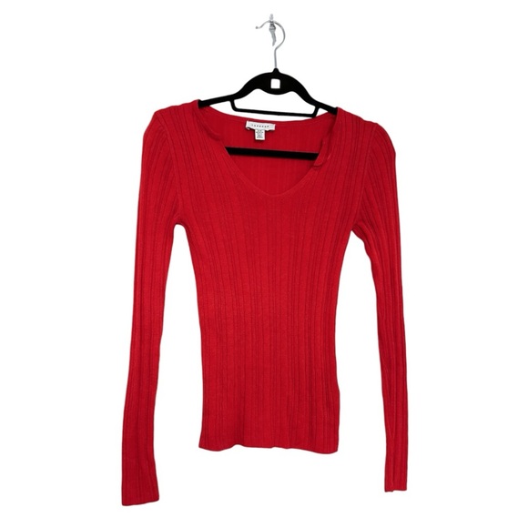 Topshop Tops - Topshop Red Ribbed Long Sleeve Knit Top Slim Fit V-Neck Shirt Womens Size 0-2